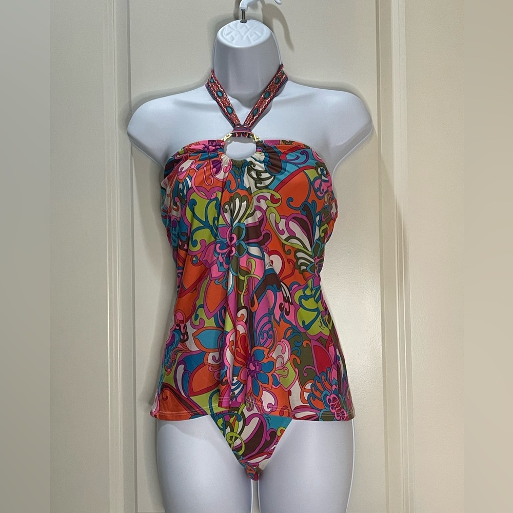 Trina Turk Fuji Flowers Vibrant Pink Tankini Bikini Gold Rings Size 10 - Picture 3 of 16